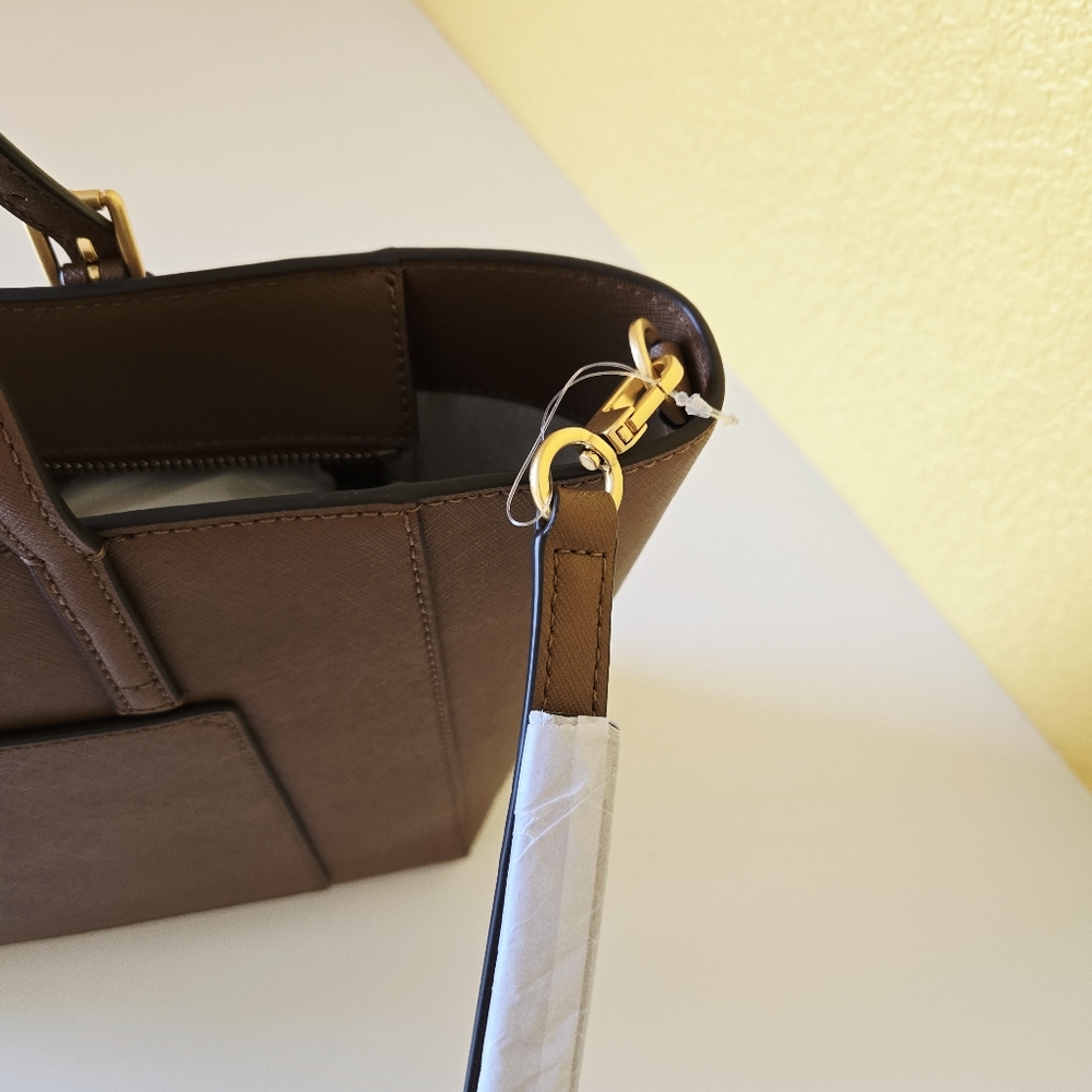 Tory Burch Emerson Top Zip Tote Moose Brown Saffiano Leather Crossbody Bag - Picture 7 of 16